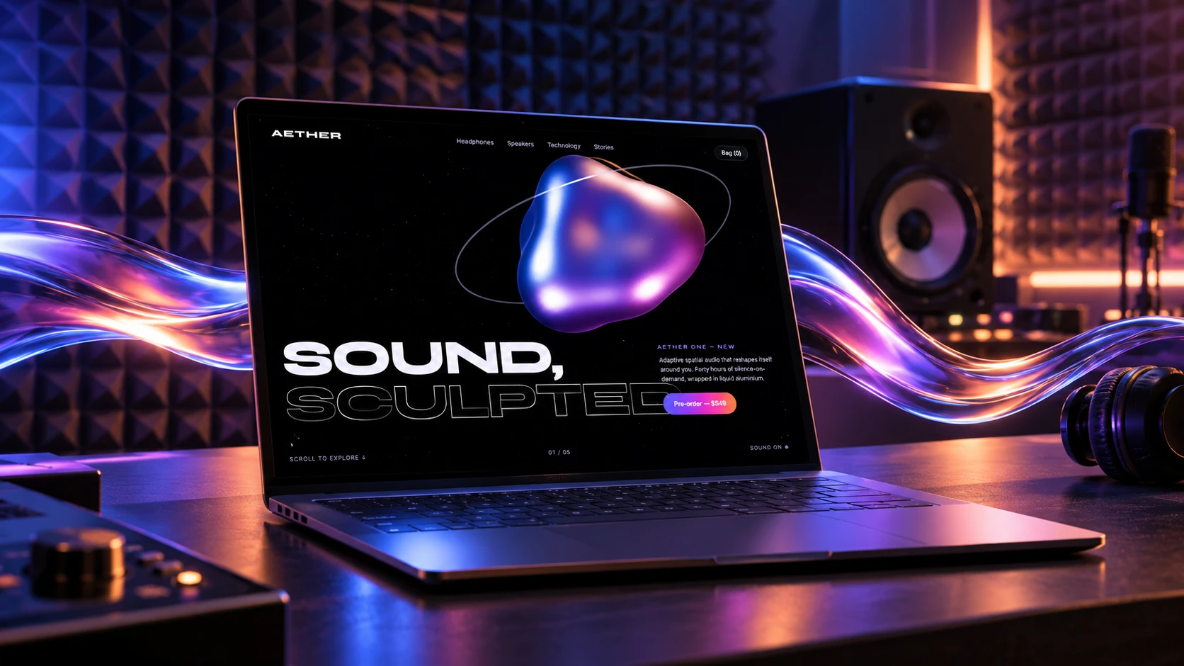 Aether site on a laptop in a sound studio