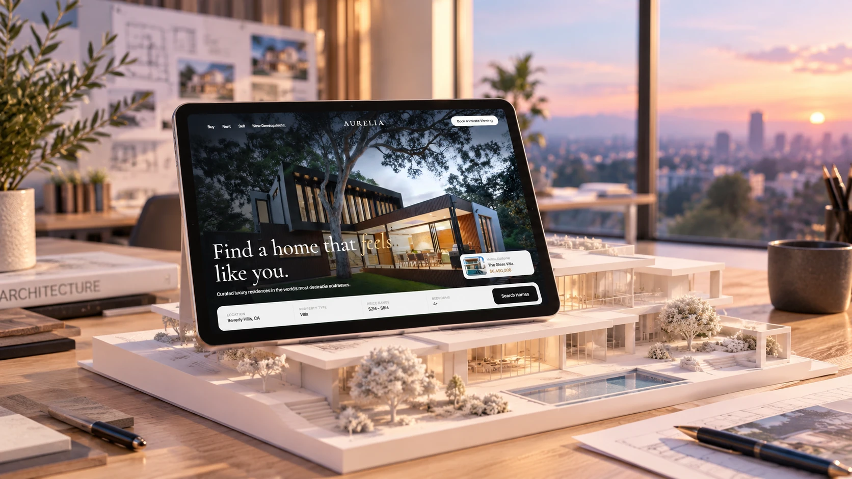 Aurelia site on a tablet over an architectural model