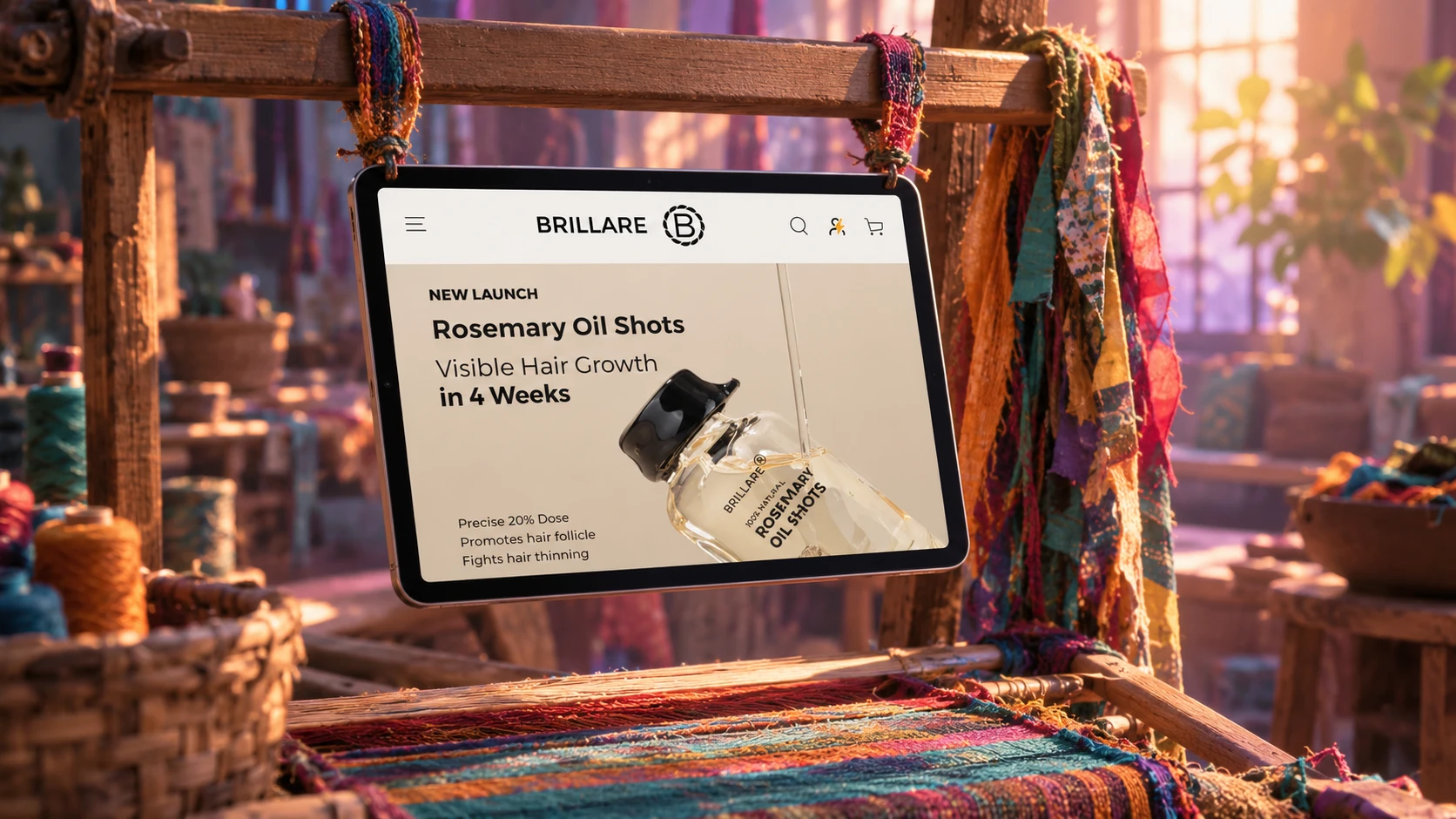 Brillare store on a tablet hanging from a loom