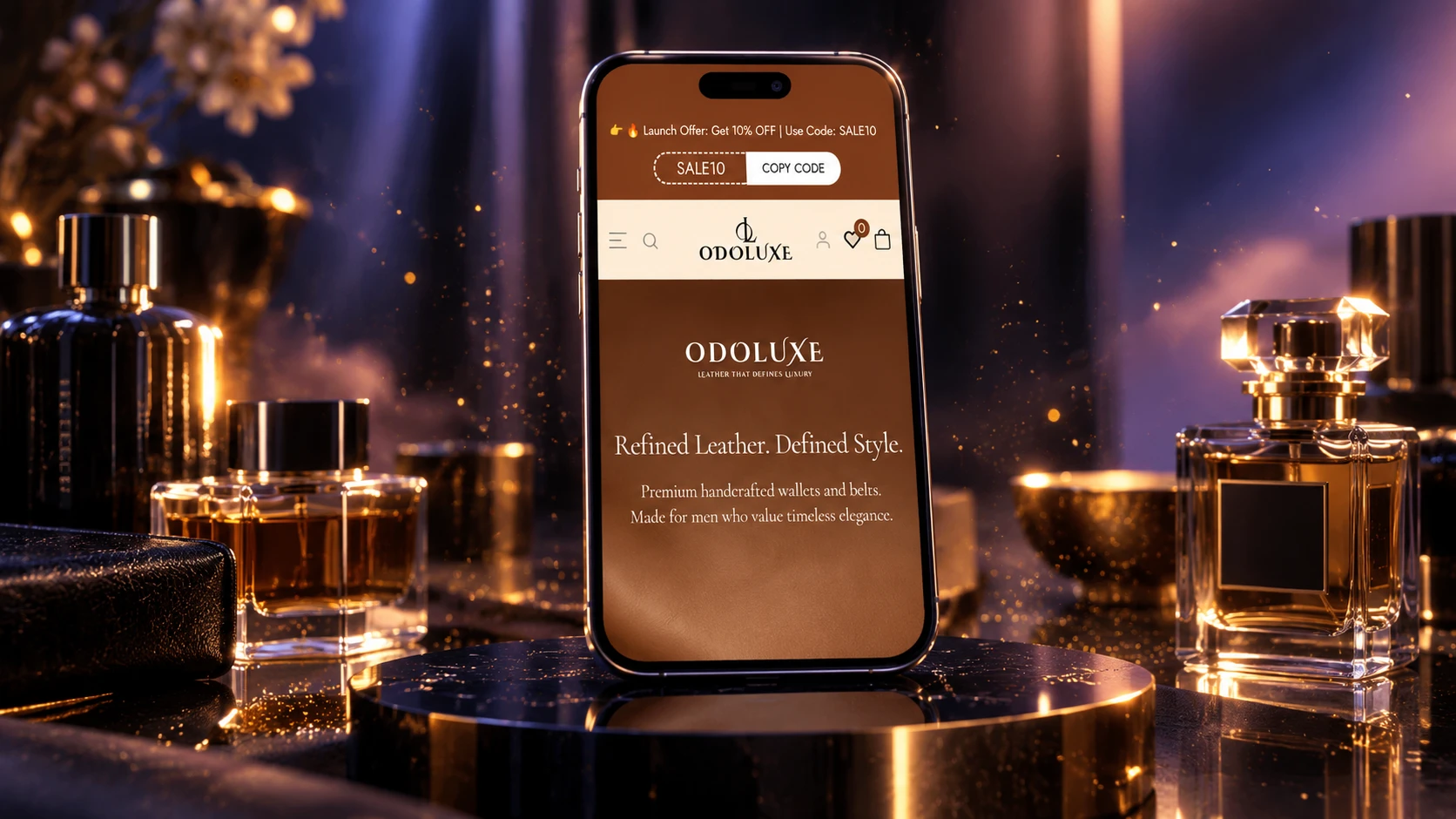 Odoluxe store on a phone among perfume bottles