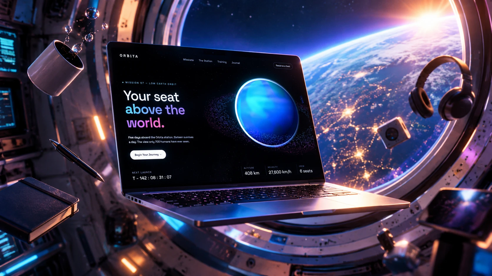 Orbita site on a laptop inside a space station